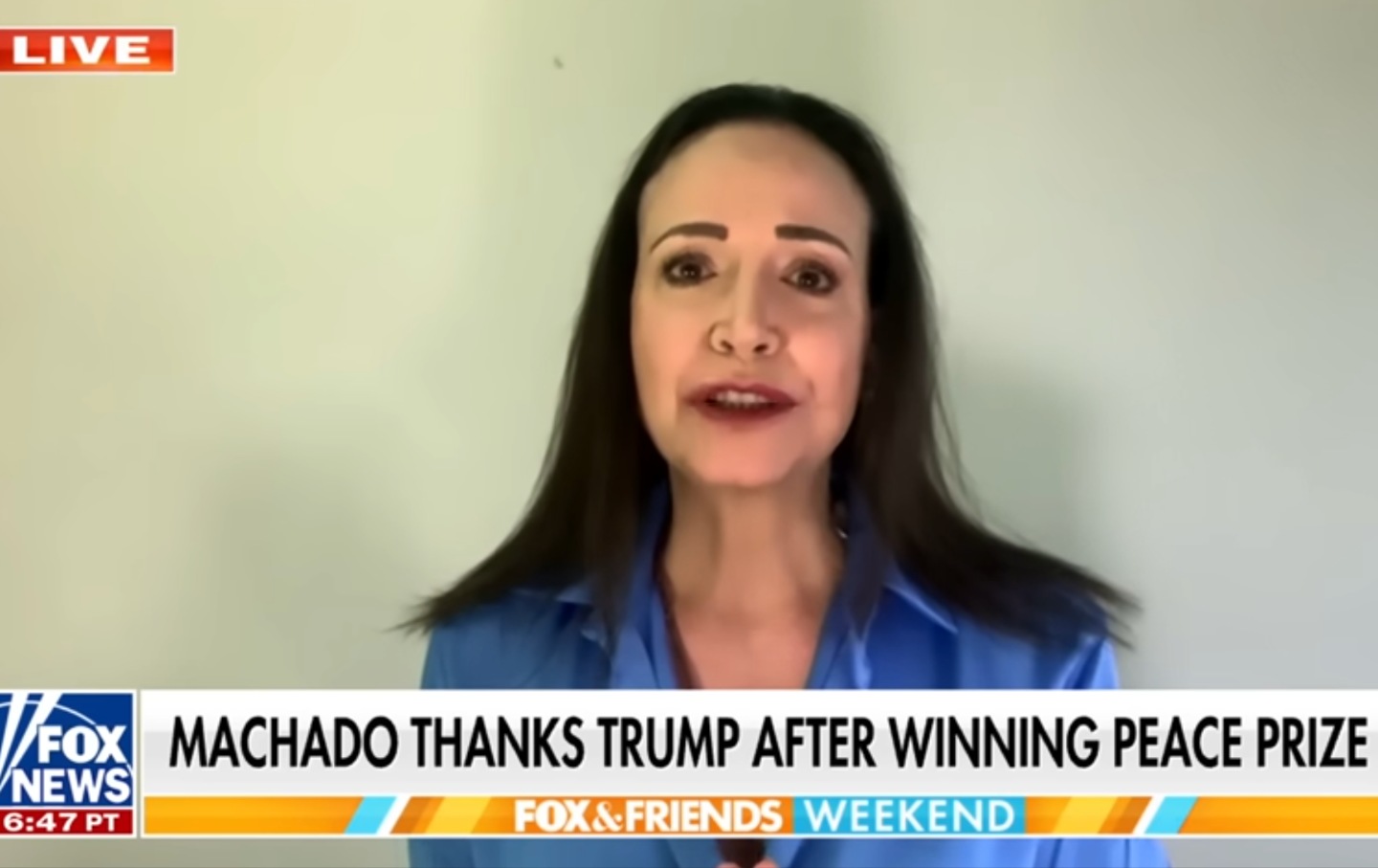 María Corina Machado appearing on Fox News after winning the Nobel Peace Prize.
